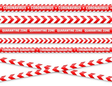 Karantina bölgesi uyarı bandı. Romantik koronavirüs salgını. Küresel tecrit. Kırmızı koronavirüs tehlike şeridi. Polis uyarı hattı, yasak bölge. İnşaat bandı. Vektör illüstrasyonu.