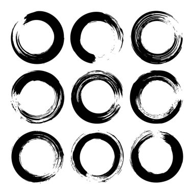 Grunge daireleri, fırça darbeleri, çizgiler, mürekkep lekeleri, elle çizilmiş karalama şekilleri. El yapımı kabataslak izler, akrilik lekeler, kömür çizgileri. Boya dokuları, kuru fırça etkisi. Vektör illüstrasyonu.