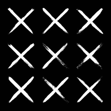 Grunge haçları, fırça darbeleri, x işareti, çizgiler, mürekkep lekeleri, elle çizilmiş karalama şekilleri. El yapımı kabataslak izler, akrilik lekeler, kömür çizgileri. Boya dokuları, kuru fırça etkisi. Vektör illüstrasyonu.