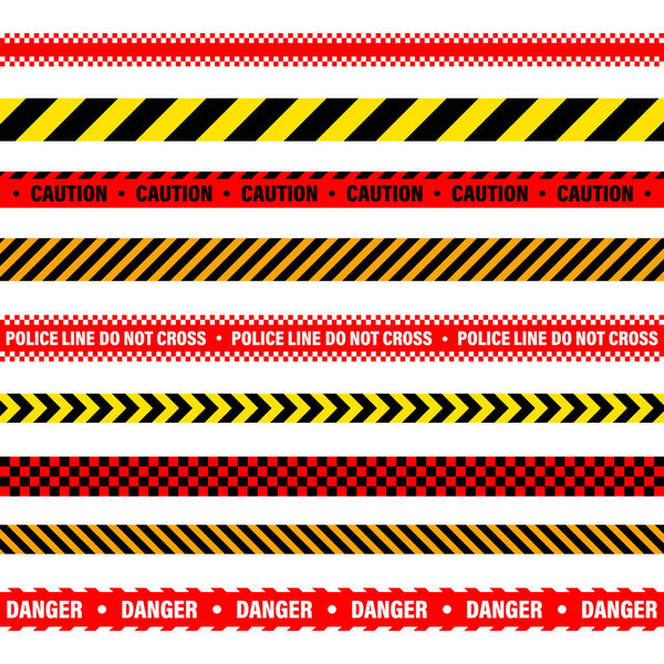 Баррикадная строительная лента. Красочная полицейская линия предупреждения, ярко окрашенная опасность или полоса опасности, лента. Запретная зона, зона. Символ внимания Векторная иллюстрация.