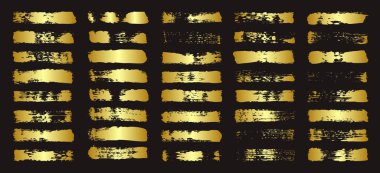 Altın fırça darbeleri, çizgiler, mürekkep lekeleri, elle çizilmiş karalama şekilleri. El yapımı kabataslak izler, akrilik lekeler, kömür çizgileri. Boya dokuları, kuru fırça etkisi. İşaret altı çizili. Vektör illüstrasyonu.