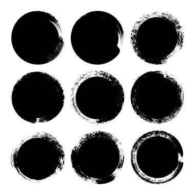 Grunge daireleri, fırça darbeleri, çizgiler, mürekkep lekeleri, elle çizilmiş karalama şekilleri. El yapımı kabataslak izler, akrilik lekeler, kömür çizgileri. Boya dokuları, kuru fırça etkisi. Vektör illüstrasyonu.