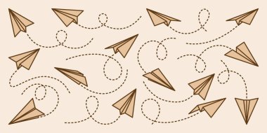 Şeffaf arka planda el yapımı gerçekçi kağıt uçaklar koleksiyonu. Origami uçağı düz stil. Vektör illüstrasyonu