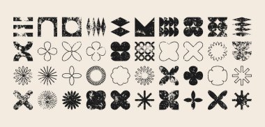 Acımasız geometrik şekiller, modern grunge sembolleri. Basit ilkel elementler ve formlar, sıkıntılı detaylar. Retro tasarım, yaş, eski moda, çağdaş minimalist tarz, y2k. Vektör illüstrasyonu.