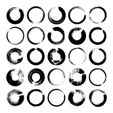 Grunge daireleri, fırça darbeleri, çizgiler, mürekkep lekeleri, elle çizilmiş karalama şekilleri. El yapımı kabataslak izler, akrilik lekeler, kömür çizgileri. Boya dokuları, kuru fırça etkisi. Vektör illüstrasyonu.