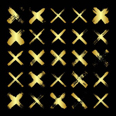 Altın haçlar, fırça darbeleri, çizgiler, mürekkep lekeleri, elle çizilmiş karalama şekilleri. El yapımı kabataslak izler, akrilik lekeler, kömür çizgileri. Boya dokuları, kuru fırça etkisi. Vektör illüstrasyonu.