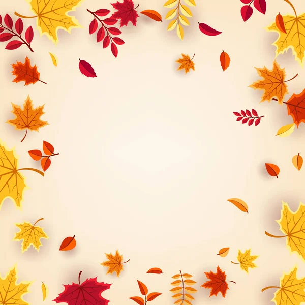 Sonbaharda uçan ve düşen yaprakların arka planında kırmızı, turuncu ve sarı renkli mevsimlik yapraklar var. Doğa temaları, mevsimlik satışlar, posterler için mükemmel. Vektör illüstrasyonu.