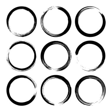 Grunge daireleri, fırça darbeleri, çizgiler, mürekkep lekeleri, elle çizilmiş karalama şekilleri. El yapımı kabataslak izler, akrilik lekeler, kömür çizgileri. Boya dokuları, kuru fırça etkisi. Vektör illüstrasyonu.