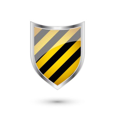 Sarı ve siyah desenli parlak bir kalkan. Güvenlik ve koruma kavramı. Siber güvenlik ikonları, internet gizliliği, web savunması, dijital veri koruması ve antivirüs temaları. Vektör illüstrasyonu.