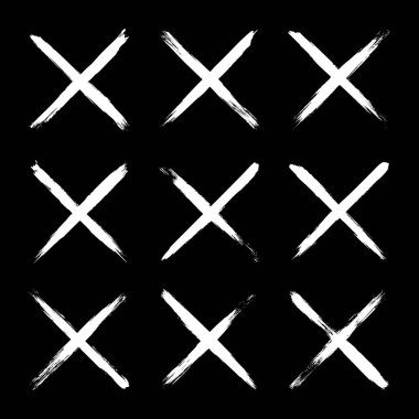 Grunge haçları, fırça darbeleri, x işareti, çizgiler, mürekkep lekeleri, elle çizilmiş karalama şekilleri. El yapımı kabataslak izler, akrilik lekeler, kömür çizgileri. Boya dokuları, kuru fırça etkisi. Vektör illüstrasyonu.