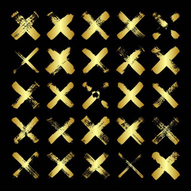 Altın haçlar, fırça darbeleri, çizgiler, mürekkep lekeleri, elle çizilmiş karalama şekilleri. El yapımı kabataslak izler, akrilik lekeler, kömür çizgileri. Boya dokuları, kuru fırça etkisi. Vektör illüstrasyonu.