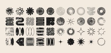 Acımasız geometrik şekiller, modern grunge sembolleri. Basit ilkel elementler ve formlar, sıkıntılı detaylar. Retro tasarım, yaş, eski moda, çağdaş minimalist tarz, y2k. Vektör illüstrasyonu.