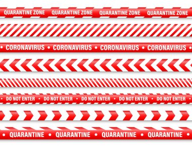 Karantina bölgesi uyarı bandı. Romantik koronavirüs salgını. Küresel tecrit. Kırmızı koronavirüs tehlike şeridi. Polis uyarı hattı, yasak bölge. İnşaat bandı. Vektör illüstrasyonu.
