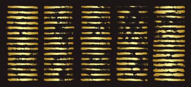 Altın fırça darbeleri, çizgiler, mürekkep lekeleri, elle çizilmiş karalama şekilleri. El yapımı kabataslak izler, akrilik lekeler, kömür çizgileri. Boya dokuları, kuru fırça etkisi. İşaret altı çizili. Vektör illüstrasyonu.