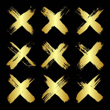 Altın haçlar, fırça darbeleri, çizgiler, mürekkep lekeleri, elle çizilmiş karalama şekilleri. El yapımı kabataslak izler, akrilik lekeler, kömür çizgileri. Boya dokuları, kuru fırça etkisi. Vektör illüstrasyonu.