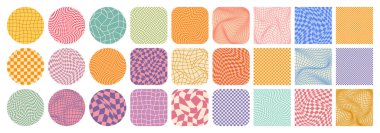 Dama desenli, renkli döşemeli. Klasik dalgalı eğimli arka plan, bozulma etkisi. Garip geometrik satranç tahtası dokusu, 90 'ların tarzında retro arka plan, y2k. Vektör illüstrasyonu.