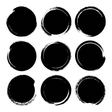 Grunge daireleri, fırça darbeleri, çizgiler, mürekkep lekeleri, elle çizilmiş karalama şekilleri. El yapımı kabataslak izler, akrilik lekeler, kömür çizgileri. Boya dokuları, kuru fırça etkisi. Vektör illüstrasyonu.