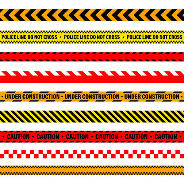 Barricade construction tape. Colorful police warning line, brightly colored danger or hazard stripe, ribbon. Restricted area, zone. Attention symbol. Vector illustration.