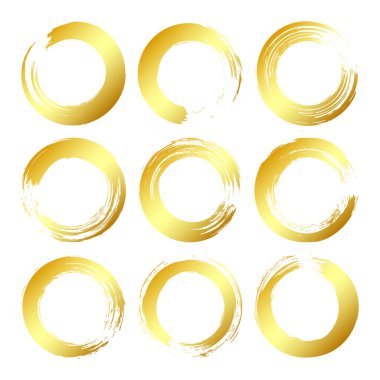 Altın grunge daireleri, fırça darbeleri, çizgiler, mürekkep lekeleri, elle çizilmiş karalama şekilleri. El yapımı kabataslak izler, akrilik lekeler, kömür çizgileri. Boya dokuları, kuru fırça etkisi. Vektör illüstrasyonu.