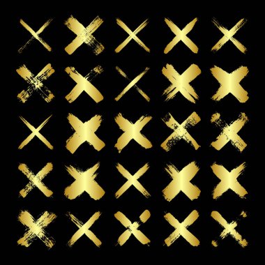Altın haçlar, fırça darbeleri, çizgiler, mürekkep lekeleri, elle çizilmiş karalama şekilleri. El yapımı kabataslak izler, akrilik lekeler, kömür çizgileri. Boya dokuları, kuru fırça etkisi. Vektör illüstrasyonu.