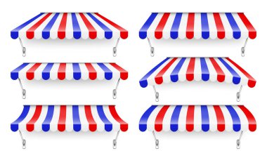 Metal tutuculu güneş kremi al. Gerçekçi çizgili kafe güneşliği. Açık hava çadırı. Çatısı Fransız bayrağı renginde. Summer Caddesi Mağazası. Vektör illüstrasyonu.