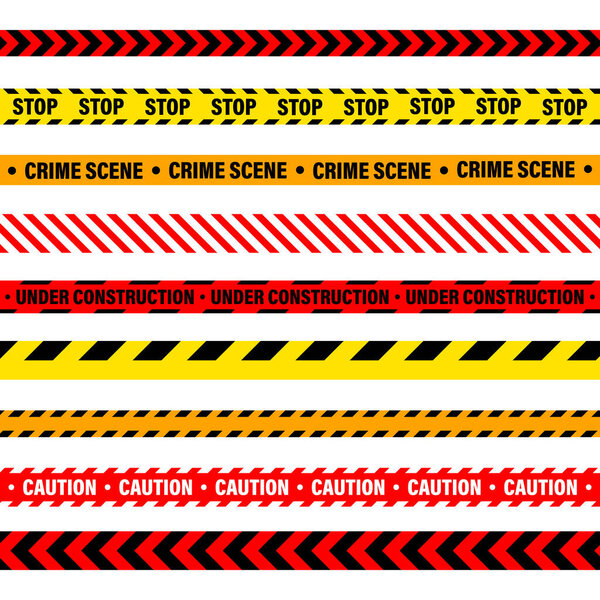 Баррикадная строительная лента. Красочная полицейская линия предупреждения, ярко окрашенная опасность или полоса опасности, лента. Запретная зона, зона. Символ внимания Векторная иллюстрация.