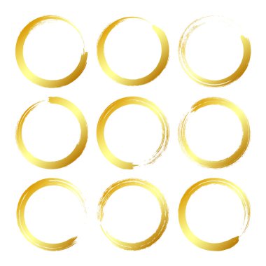 Altın grunge daireleri, fırça darbeleri, çizgiler, mürekkep lekeleri, elle çizilmiş karalama şekilleri. El yapımı kabataslak izler, akrilik lekeler, kömür çizgileri. Boya dokuları, kuru fırça etkisi. Vektör illüstrasyonu.