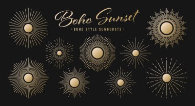 Klasik altın güneş patlaması, günbatımı ışınları koleksiyonu. Boho tarzı, modern minimalist bohem tasarımı. El çizimi güneş patlaması, ışık ışınları. Logotype ya da harfli retro tasarım öğesi. Vektör illüstrasyonu.