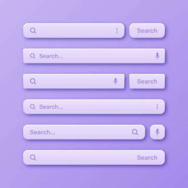 Renkli 3D arama çubuğu şablonları. Arama kutusu, adres çubuğu ve metin alanı olan internet tarayıcı motoru. Kullanıcı tasarımı, web arayüzü ögesi web simgeleri ve düğmeye basın. Vektör illüstrasyonu.