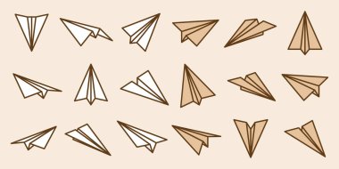 Şeffaf arka planda el yapımı gerçekçi kağıt uçaklar koleksiyonu. Origami uçağı düz stil. Vektör illüstrasyonu