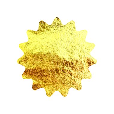 Altın yıldız, güneş patlaması sembolü. Parlak altın folyo. Klasik güneş ışığı sembolü. Alışveriş etiketleri, satış etiketleri, kalite notları. Modern sanat. Düğün, tebrik kartı dekorasyonu. Vektör illüstrasyonu.