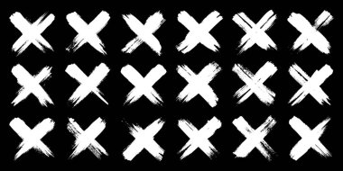 Grunge haçları, fırça darbeleri, x işareti, çizgiler, mürekkep lekeleri, elle çizilmiş karalama şekilleri. El yapımı kabataslak izler, akrilik lekeler, kömür çizgileri. Boya dokuları, kuru fırça etkisi. Vektör illüstrasyonu.