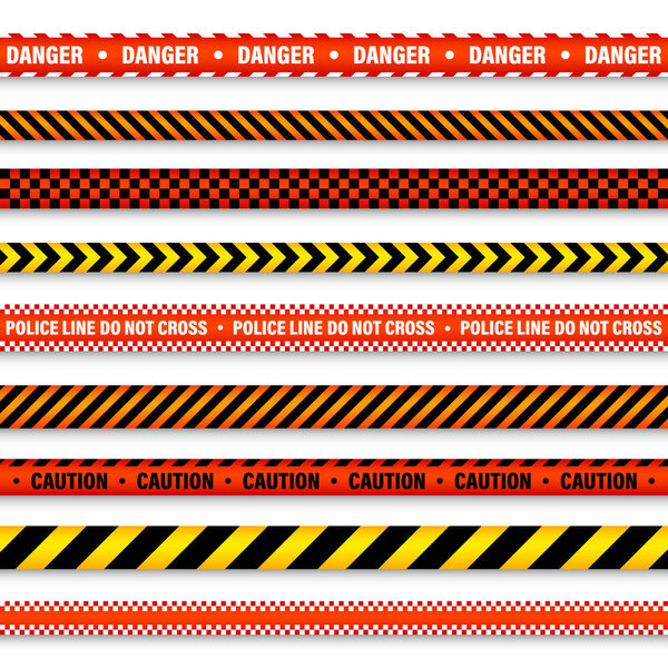 Баррикадная строительная лента. Красочная полицейская линия предупреждения, ярко окрашенная опасность или полоса опасности, лента. Запретная зона, зона. Символ внимания Векторная иллюстрация.