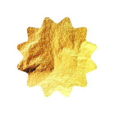 Altın yıldız, güneş patlaması sembolü. Parlak altın folyo. Klasik güneş ışığı sembolü. Alışveriş etiketleri, satış etiketleri, kalite notları. Modern sanat. Düğün, tebrik kartı dekorasyonu. Vektör illüstrasyonu.