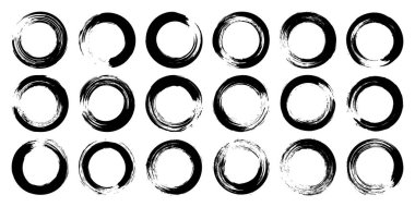 Grunge daireleri, fırça darbeleri, çizgiler, mürekkep lekeleri, elle çizilmiş karalama şekilleri. El yapımı kabataslak izler, akrilik lekeler, kömür çizgileri. Boya dokuları, kuru fırça etkisi. Vektör illüstrasyonu.