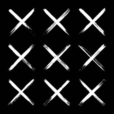 Grunge haçları, fırça darbeleri, x işareti, çizgiler, mürekkep lekeleri, elle çizilmiş karalama şekilleri. El yapımı kabataslak izler, akrilik lekeler, kömür çizgileri. Boya dokuları, kuru fırça etkisi. Vektör illüstrasyonu.