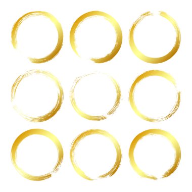 Altın grunge daireleri, fırça darbeleri, çizgiler, mürekkep lekeleri, elle çizilmiş karalama şekilleri. El yapımı kabataslak izler, akrilik lekeler, kömür çizgileri. Boya dokuları, kuru fırça etkisi. Vektör illüstrasyonu.