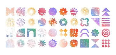 Renkli geometrik şekiller, modern grunge sembolleri. Basit ilkel elementler ve formlar, sıkıntılı detaylar. Retro tasarım, yaş, eski moda, çağdaş minimalist tarz, y2k. Vektör illüstrasyonu.