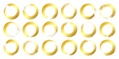 Altın grunge daireleri, fırça darbeleri, çizgiler, mürekkep lekeleri, elle çizilmiş karalama şekilleri. El yapımı kabataslak izler, akrilik lekeler, kömür çizgileri. Boya dokuları, kuru fırça etkisi. Vektör illüstrasyonu.