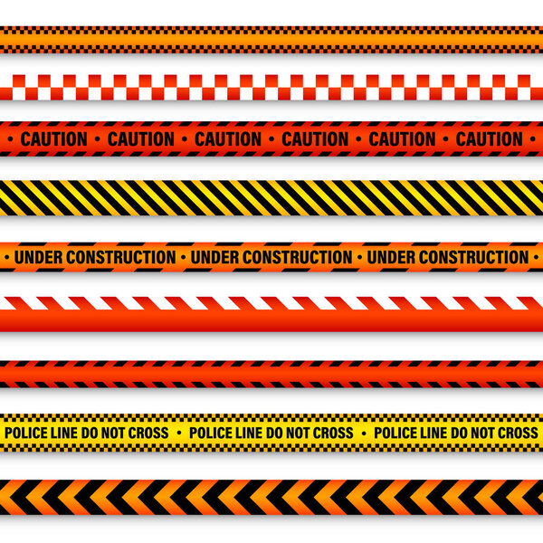 Баррикадная строительная лента. Красочная полицейская линия предупреждения, ярко окрашенная опасность или полоса опасности, лента. Запретная зона, зона. Символ внимания Векторная иллюстрация.
