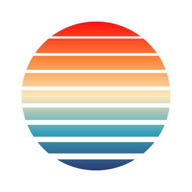 Klasik renkli günbatımı. 80 'ler ve 90' lar tarzında çizgili gündoğumu rozeti. Güneş ve okyanus manzarası, yaz atmosferi, sörf. Baskı, logo ya da tişört için tasarım elemanı. Vektör illüstrasyonu.