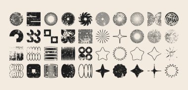Acımasız geometrik şekiller, modern grunge sembolleri. Basit ilkel elementler ve formlar, sıkıntılı detaylar. Retro tasarım, yaş, eski moda, çağdaş minimalist tarz, y2k. Vektör illüstrasyonu.