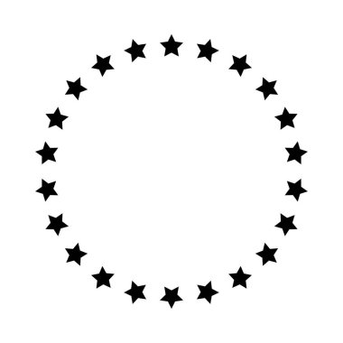Çemberde çeşitli boyutlarda yıldızlar var. Yuvarlak çerçeve, sınır. Siyah yıldız çizgisi, basit bir sembol. Tasarım elemanı, süs. Çizgi çalışması. Vektör illüstrasyonu.