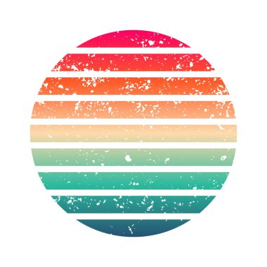 Klasik renkli günbatımı. 80 'ler ve 90' lar tarzında çizgili gündoğumu rozeti. Güneş ve okyanus manzarası, yaz atmosferi, sörf. Baskı, logo ya da tişört için tasarım elemanı. Vektör illüstrasyonu.