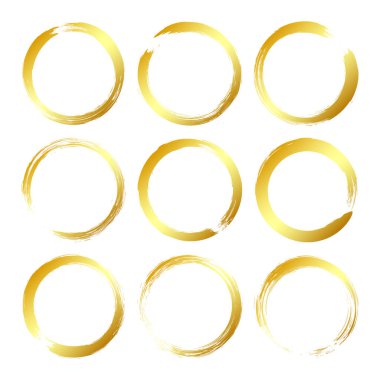 Altın grunge daireleri, fırça darbeleri, çizgiler, mürekkep lekeleri, elle çizilmiş karalama şekilleri. El yapımı kabataslak izler, akrilik lekeler, kömür çizgileri. Boya dokuları, kuru fırça etkisi. Vektör illüstrasyonu.