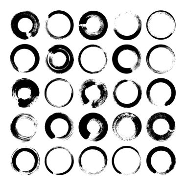 Grunge daireleri, fırça darbeleri, çizgiler, mürekkep lekeleri, elle çizilmiş karalama şekilleri. El yapımı kabataslak izler, akrilik lekeler, kömür çizgileri. Boya dokuları, kuru fırça etkisi. Vektör illüstrasyonu.