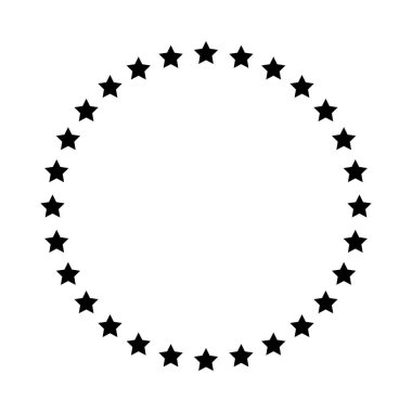 Çemberde çeşitli boyutlarda yıldızlar var. Yuvarlak çerçeve, sınır. Siyah yıldız çizgisi, basit bir sembol. Tasarım elemanı, süs. Çizgi çalışması. Vektör illüstrasyonu.