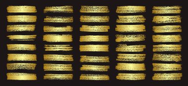 Altın fırça darbeleri, çizgiler, mürekkep lekeleri, elle çizilmiş karalama şekilleri. El yapımı kabataslak izler, akrilik lekeler, kömür çizgileri. Boya dokuları, kuru fırça etkisi. İşaret altı çizili. Vektör illüstrasyonu.