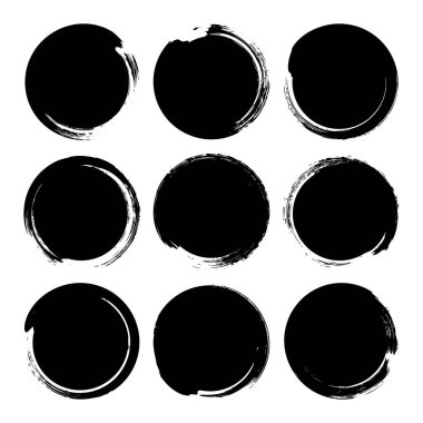Grunge daireleri, fırça darbeleri, çizgiler, mürekkep lekeleri, elle çizilmiş karalama şekilleri. El yapımı kabataslak izler, akrilik lekeler, kömür çizgileri. Boya dokuları, kuru fırça etkisi. Vektör illüstrasyonu.