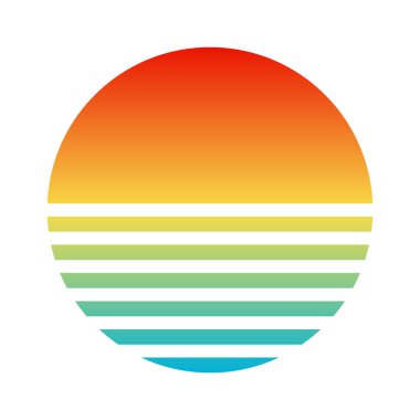 Klasik renkli günbatımı. 80 'ler ve 90' lar tarzında çizgili gündoğumu rozeti. Güneş ve okyanus manzarası, yaz atmosferi, sörf. Baskı, logo ya da tişört için tasarım elemanı. Vektör illüstrasyonu.